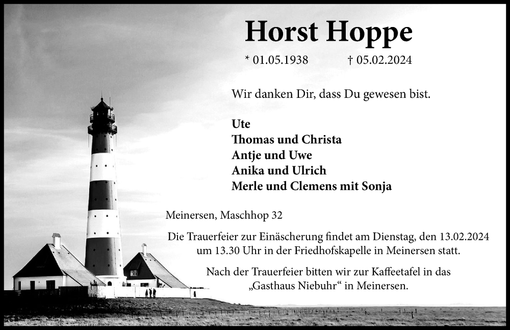  Traueranzeige für Horst Hoppe vom 10.02.2024 aus Aller Zeitung