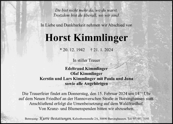 Traueranzeige von Horst Kimmlinger von Hannoversche Allgemeine Zeitung/Neue Presse