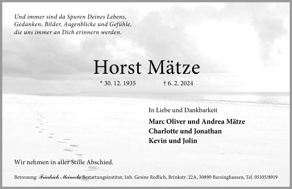  Traueranzeige für Horst Mätze vom 10.02.2024 aus Hannoversche Allgemeine Zeitung/Neue Presse