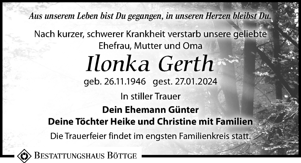  Traueranzeige für Ilonka Gerth vom 10.02.2024 aus Leipziger Volkszeitung