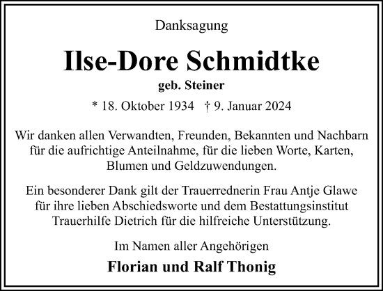 Traueranzeige von Ilse-Dore Schmidtke von Ostsee-Zeitung GmbH