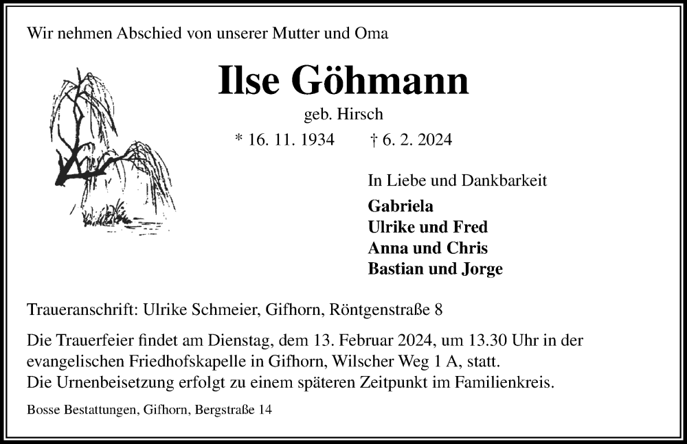  Traueranzeige für Ilse Göhmann vom 10.02.2024 aus Aller Zeitung