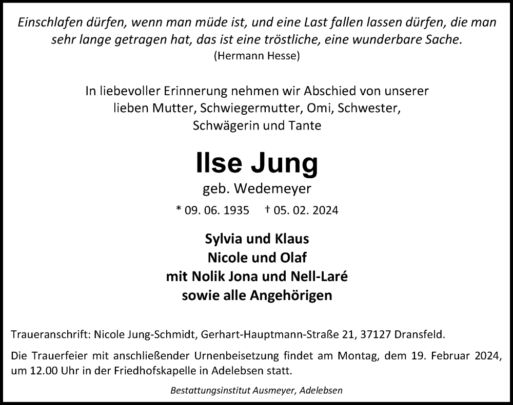  Traueranzeige für Ilse Jung vom 10.02.2024 aus Göttinger Tageblatt
