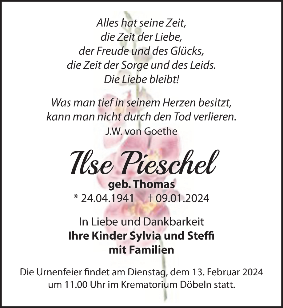  Traueranzeige für Ilse Pieschel vom 03.02.2024 aus Leipziger Volkszeitung