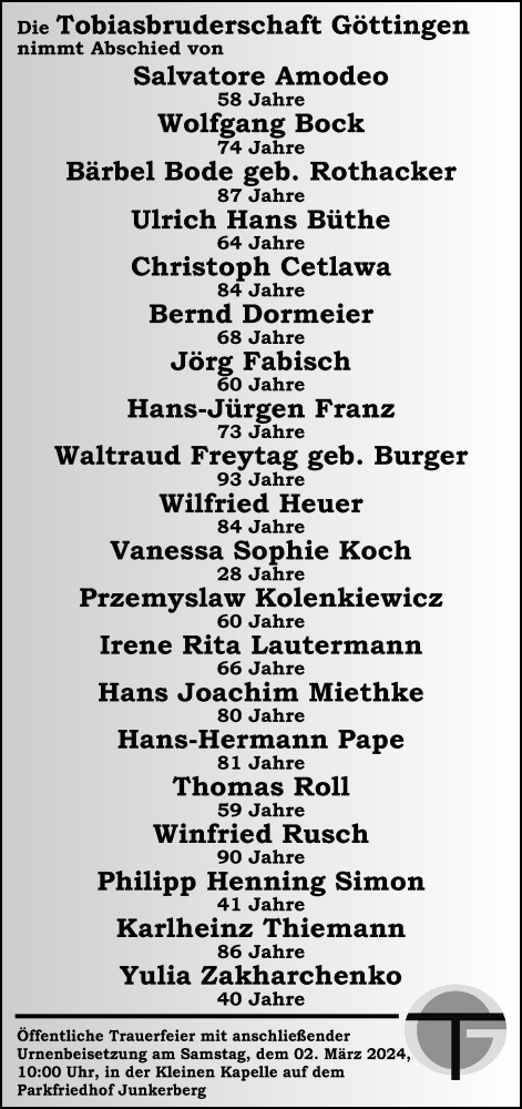  Traueranzeige für Im Gedenken Tobiasbruderschaft Göttingen vom 24.02.2024 aus Göttinger Tageblatt