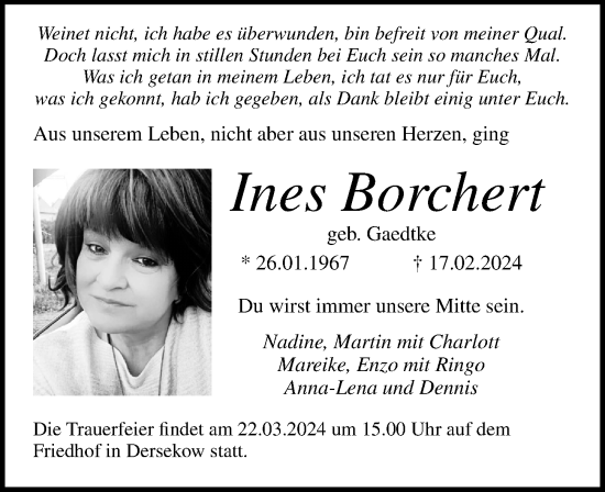 Traueranzeige von Ines Borchert von Ostsee-Zeitung GmbH