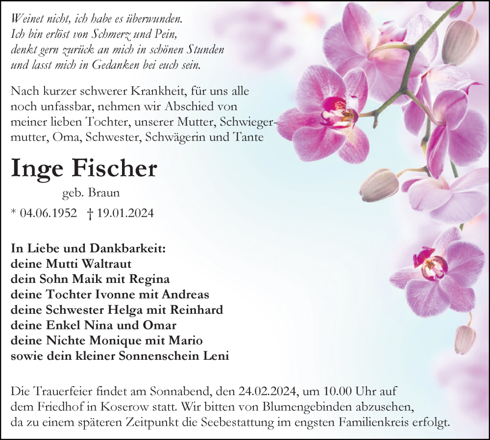  Traueranzeige für Inge Fischer vom 03.02.2024 aus Ostsee-Zeitung GmbH