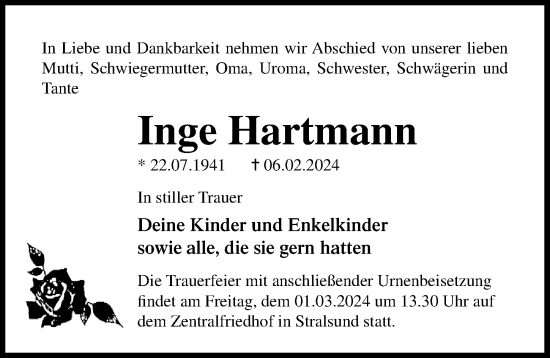 Traueranzeige von Inge Hartmann von Ostsee-Zeitung GmbH