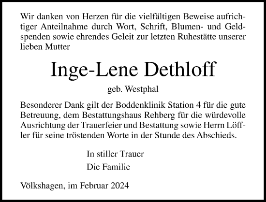 Traueranzeige von Inge-Lene Dethloff von Ostsee-Zeitung GmbH