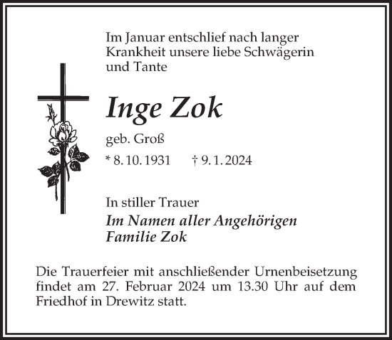 Traueranzeige von Inge Zok von Märkischen Allgemeine Zeitung