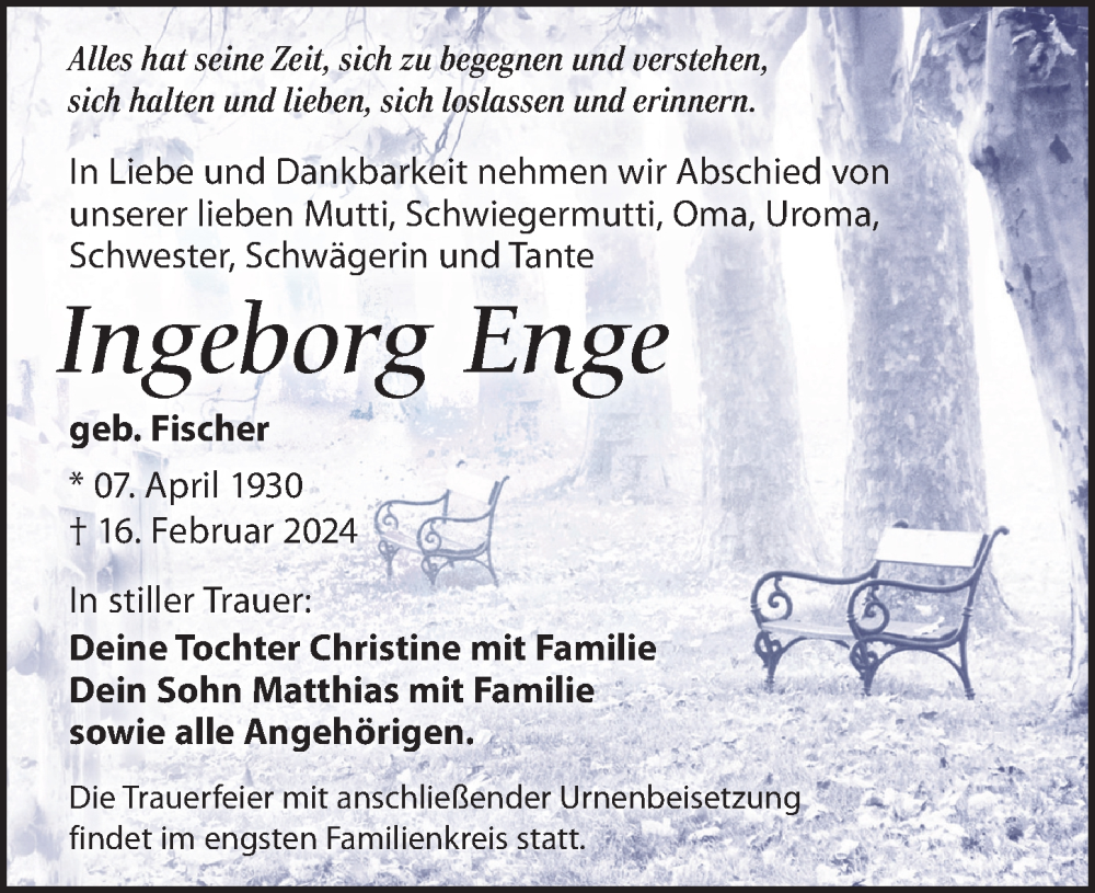  Traueranzeige für Ingeborg Enge vom 24.02.2024 aus Leipziger Volkszeitung
