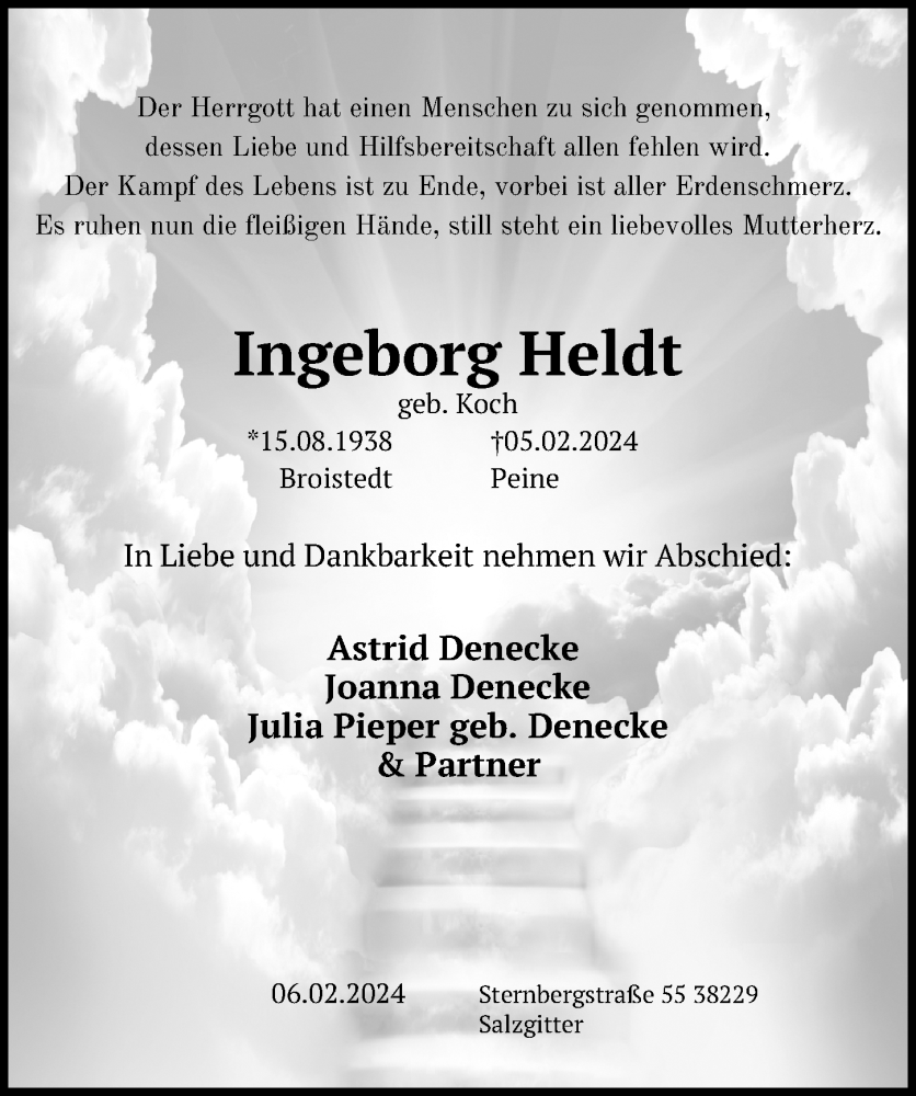  Traueranzeige für Ingeborg Heldt vom 09.02.2024 aus Peiner Allgemeine Zeitung