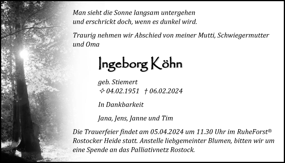 Traueranzeige für Ingeborg Köhn vom 10.02.2024 aus Ostsee-Zeitung GmbH