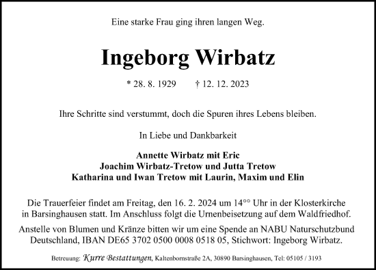 Traueranzeige von Ingeborg Wirbatz von Hannoversche Allgemeine Zeitung/Neue Presse