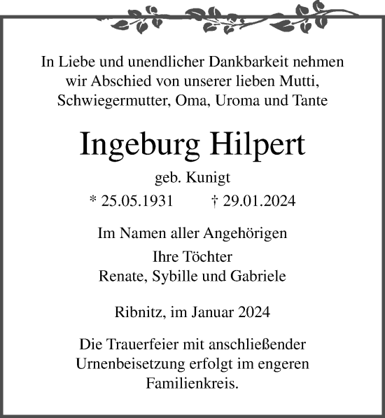 Traueranzeige von Ingeburg Hilpert von Ostsee-Zeitung GmbH