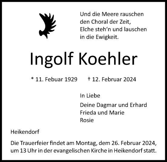 Traueranzeige von Ingolf Koehler von Kieler Nachrichten