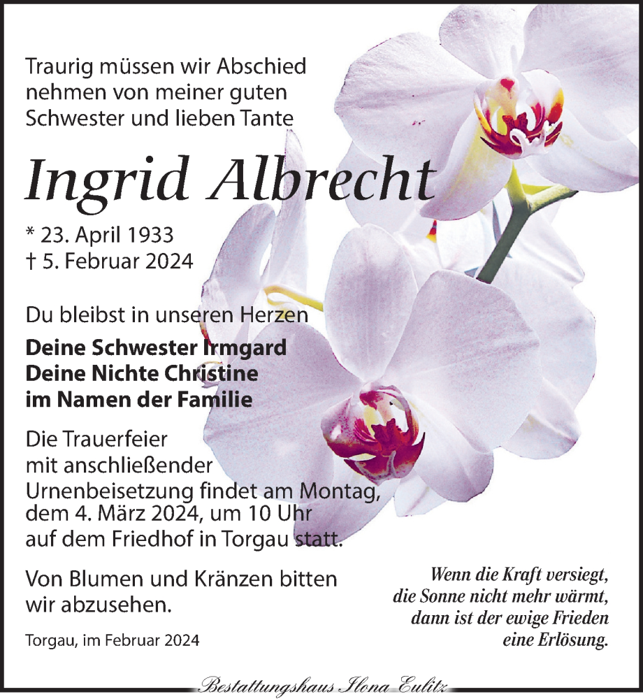  Traueranzeige für Ingrid Albrecht vom 10.02.2024 aus Torgauer Zeitung