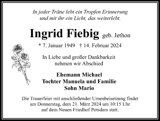 Traueranzeige von Ingrid Fiebig von Märkischen Allgemeine Zeitung