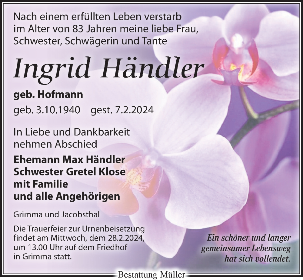  Traueranzeige für Ingrid Händler vom 10.02.2024 aus Leipziger Volkszeitung