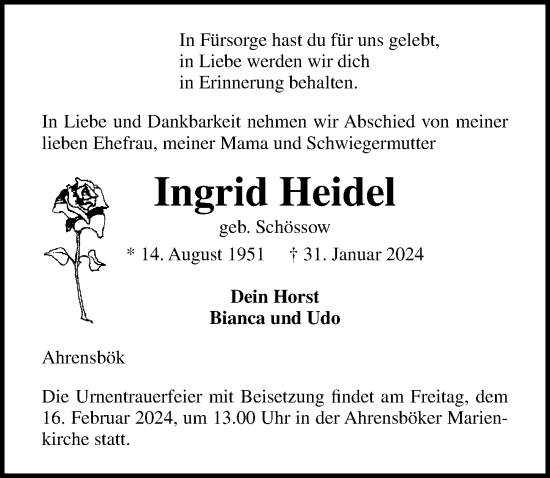 Traueranzeige von Ingrid Heidel von Lübecker Nachrichten