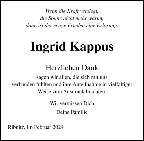 Traueranzeige von Ingrid Kappus von Ostsee-Zeitung GmbH