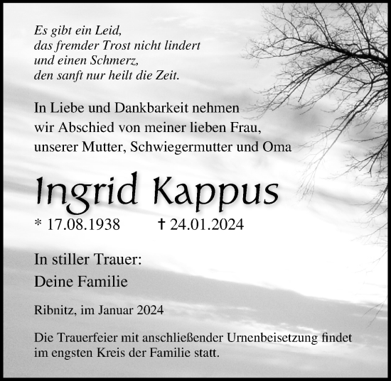 Traueranzeige von Ingrid Kappus von Ostsee-Zeitung GmbH