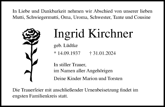 Traueranzeige von Ingrid Kirchner von Ostsee-Zeitung GmbH
