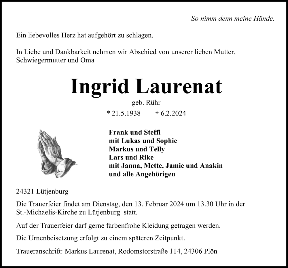  Traueranzeige für Ingrid Laurenat vom 10.02.2024 aus Kieler Nachrichten