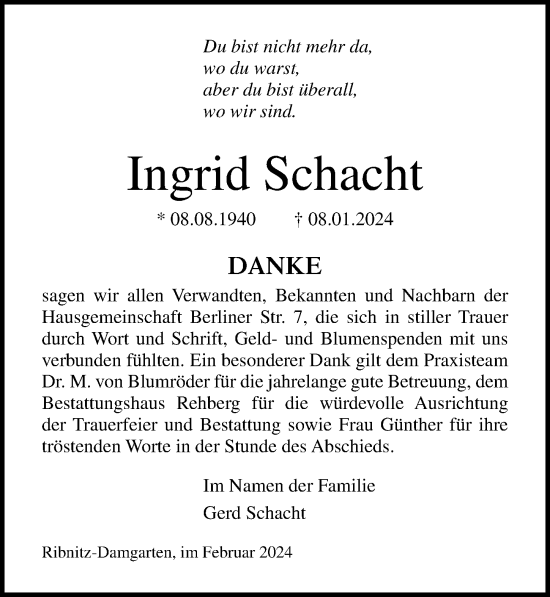 Traueranzeige von Ingrid Schacht von Ostsee-Zeitung GmbH