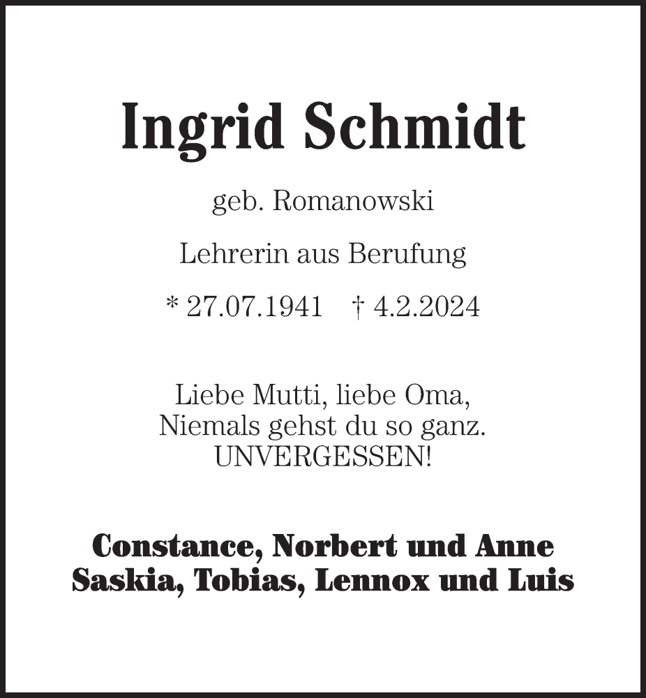  Traueranzeige für Ingrid Schmidt vom 10.02.2024 aus Märkischen Allgemeine Zeitung
