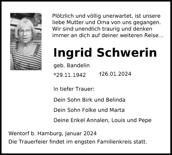 Traueranzeige von Ingrid Schwerin von Ostsee-Zeitung GmbH