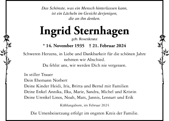 Traueranzeige von Ingrid Sternhagen von Ostsee-Zeitung GmbH