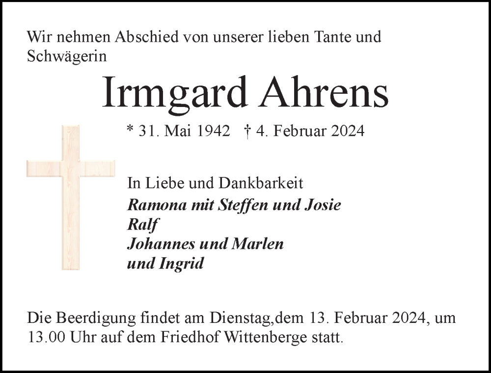  Traueranzeige für Irmgard Ahrens vom 10.02.2024 aus Wochenspiegel
