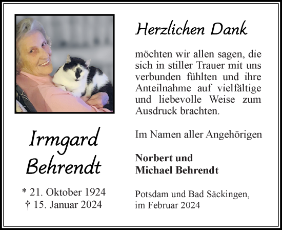 Traueranzeige von Irmgard Behrendt von Märkischen Allgemeine Zeitung