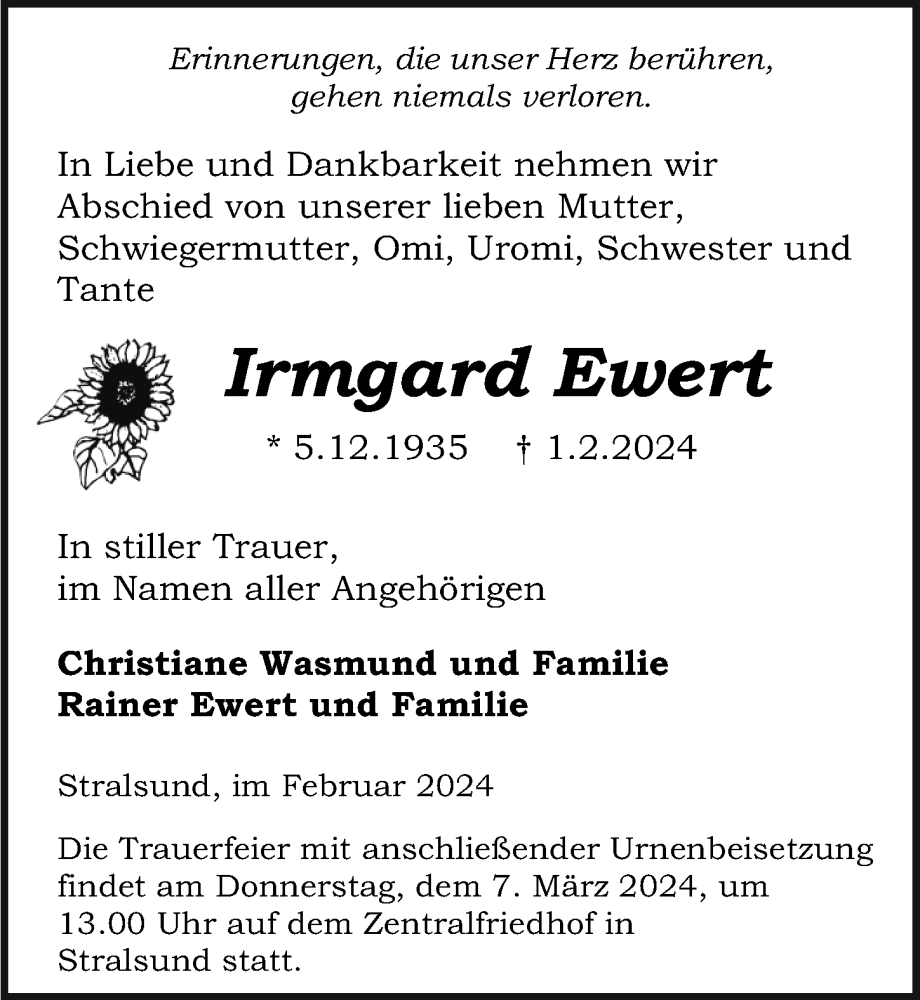 Traueranzeigen von Irmgard Ewert | trauer-anzeigen.de