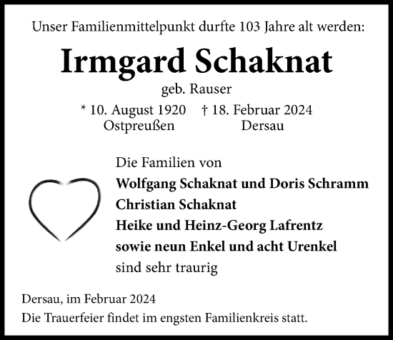 Traueranzeige von Irmgard Schaknat von Kieler Nachrichten