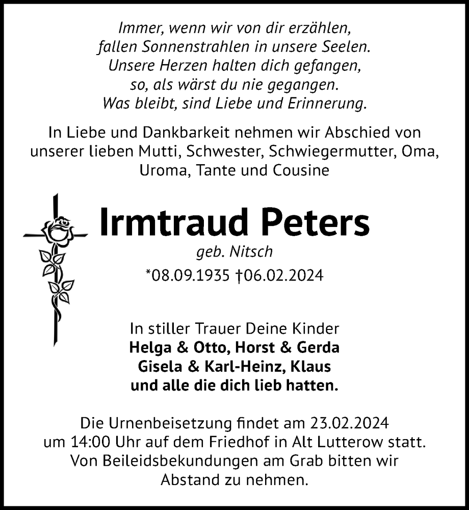  Traueranzeige für Irmtraud Peters vom 17.02.2024 aus Märkischen Allgemeine Zeitung