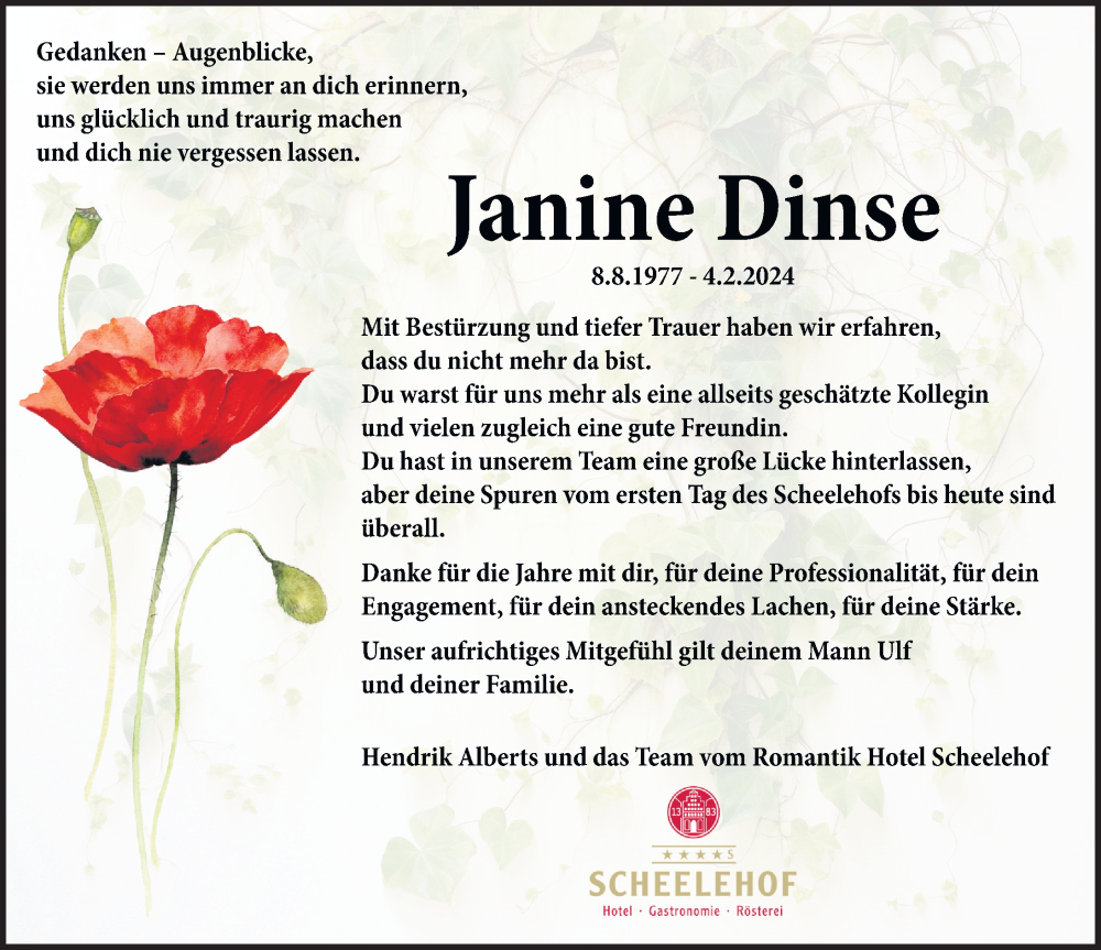  Traueranzeige für Janine Dinse vom 17.02.2024 aus Ostsee-Zeitung GmbH