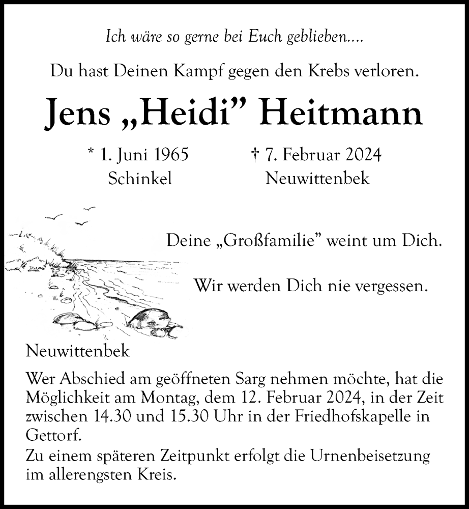  Traueranzeige für Jens  Heitmann vom 10.02.2024 aus Kieler Nachrichten