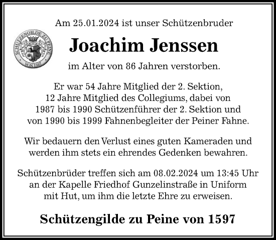 Traueranzeige von Joachim Jenssen von Peiner Allgemeine Zeitung
