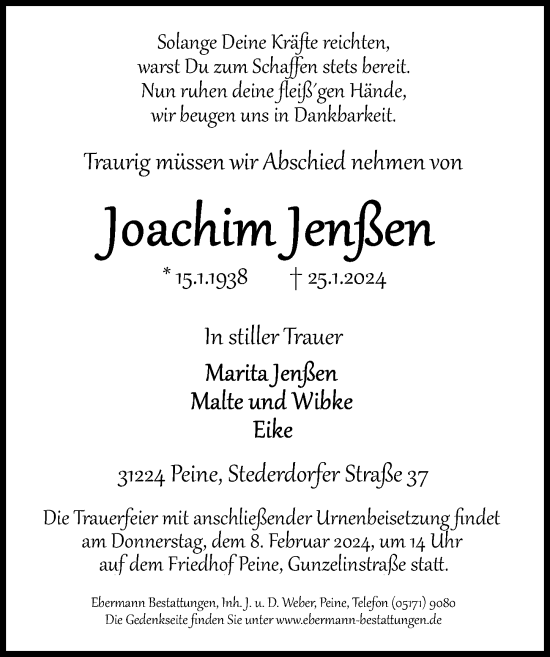 Traueranzeige von Joachim Jenßen von Peiner Allgemeine Zeitung