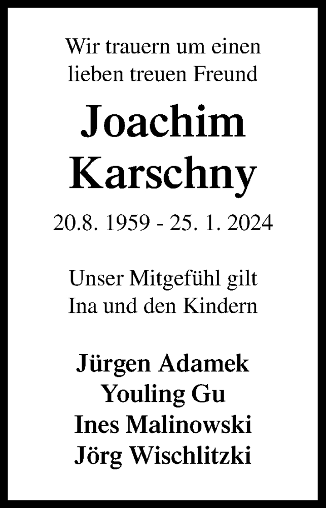  Traueranzeige für Joachim Karschny vom 04.02.2024 aus Lübecker Nachrichten