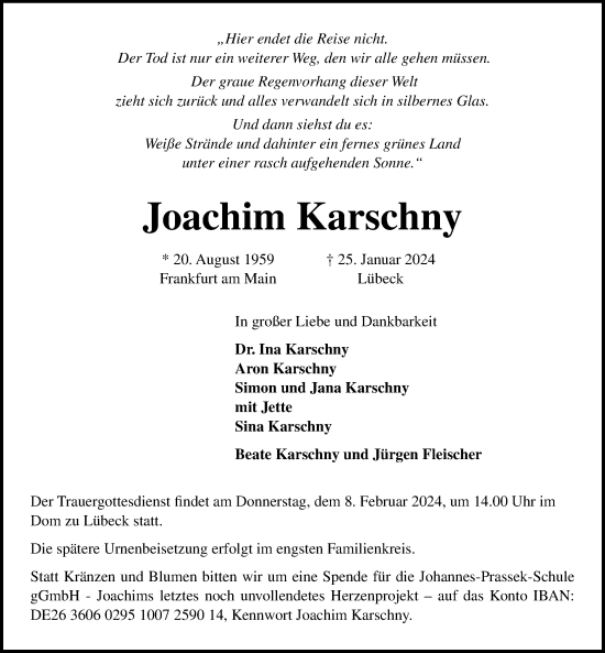 Traueranzeige von Joachim Karschny von Lübecker Nachrichten