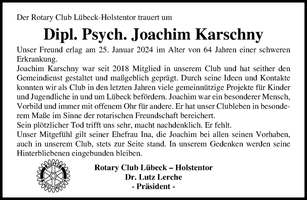  Traueranzeige für Joachim Karschny vom 04.02.2024 aus Lübecker Nachrichten