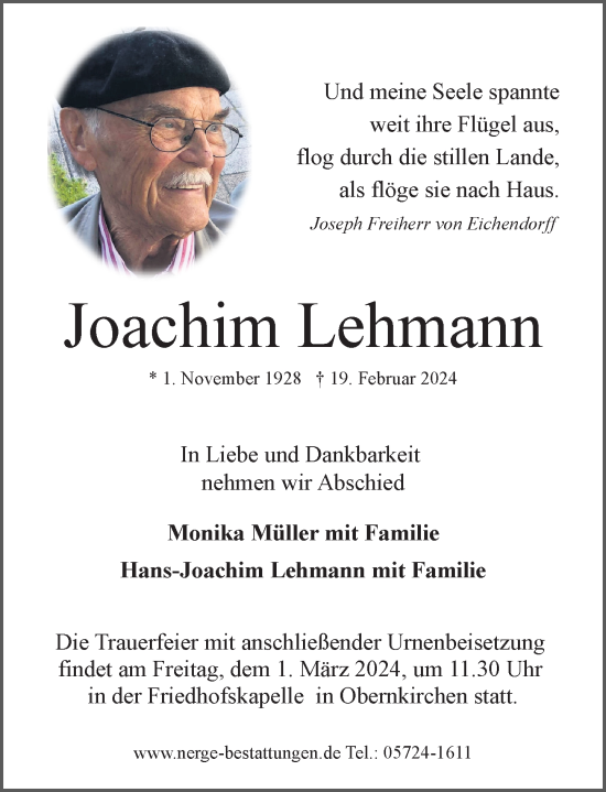 Traueranzeige von Joachim Lehmann von Schaumburger Nachrichten