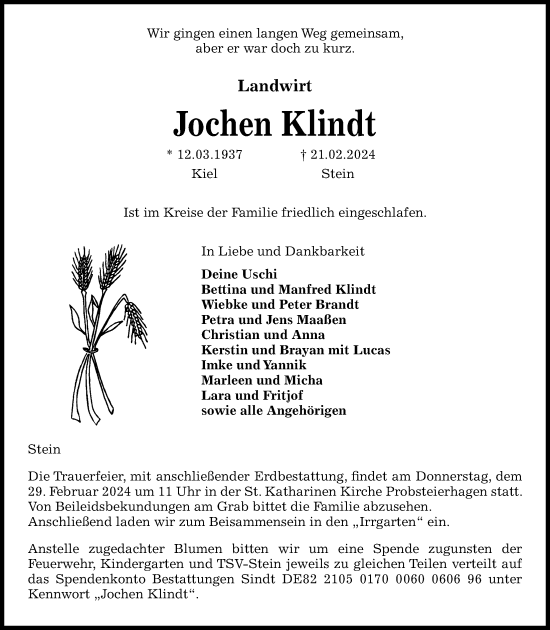Traueranzeige von Jochen Klindt von Kieler Nachrichten