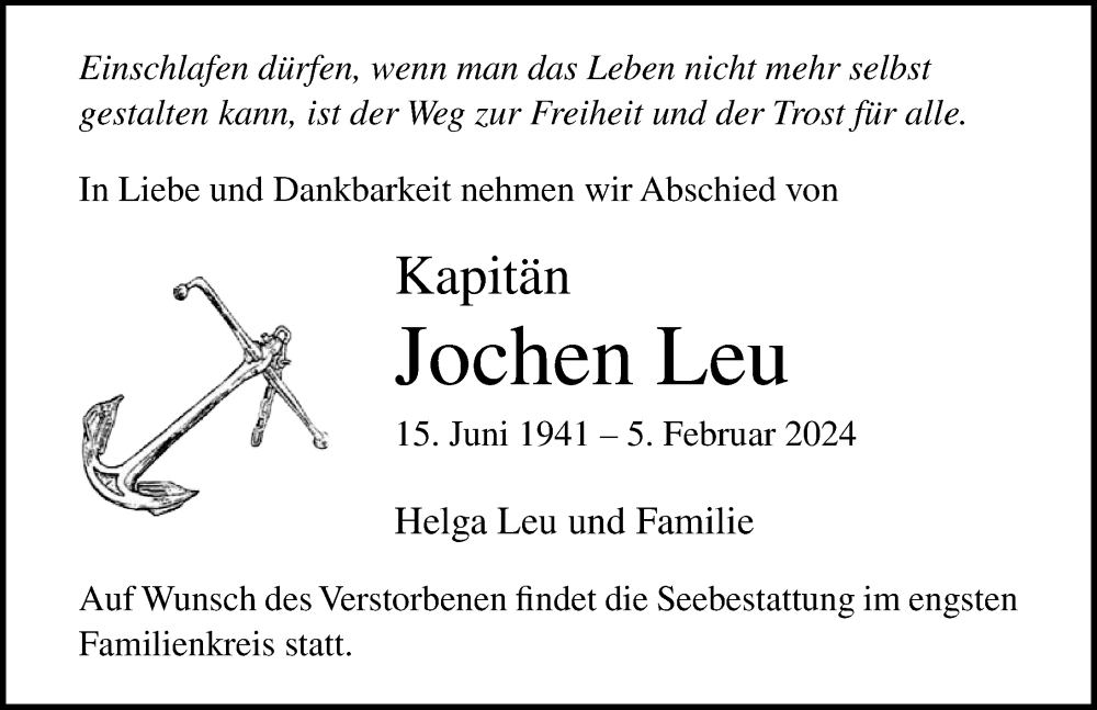  Traueranzeige für Jochen Leu vom 09.02.2024 aus Lübecker Nachrichten