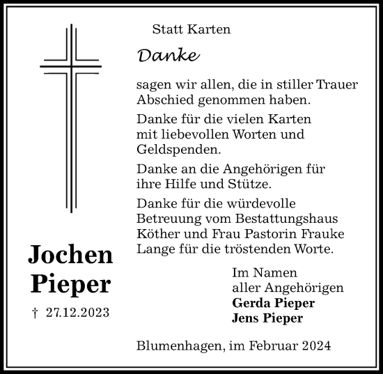 Traueranzeige von Jochen Pieper von Peiner Allgemeine Zeitung