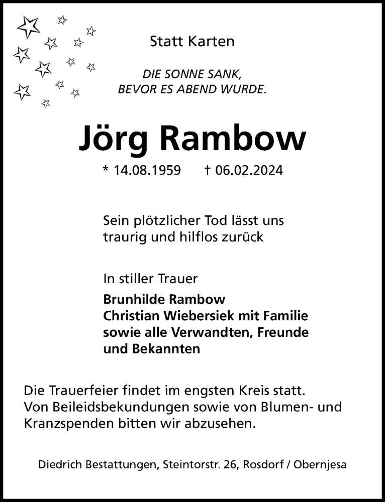  Traueranzeige für Jörg Rambow vom 10.02.2024 aus Göttinger Tageblatt
