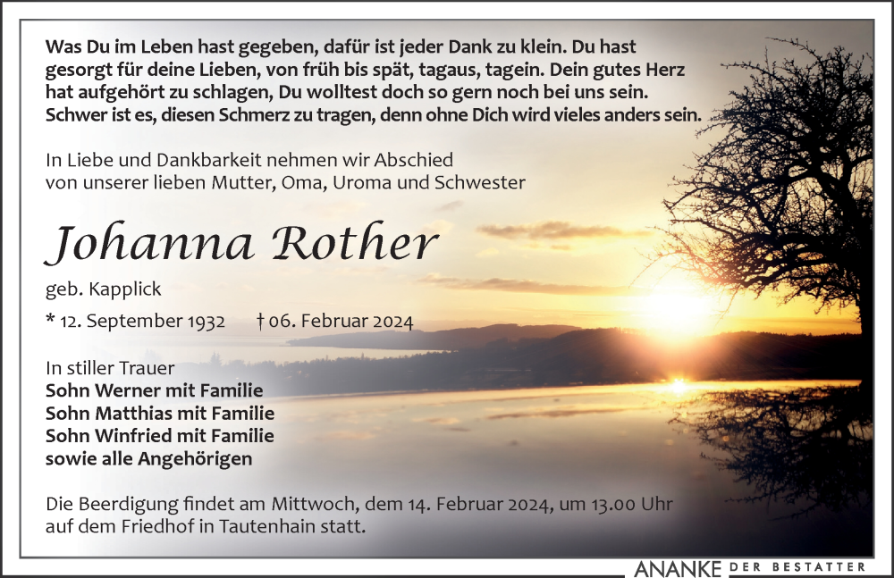  Traueranzeige für Johanna Rother vom 10.02.2024 aus Leipziger Volkszeitung